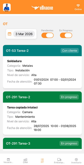 Pantalla móvil de eTradie: seguimiento operativo